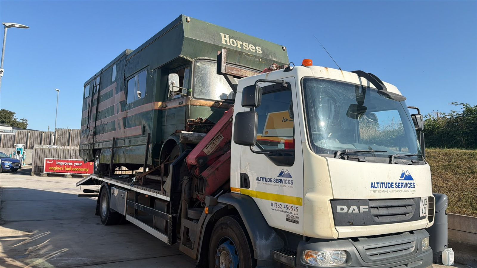 End-of-life horsebox being collected on our recovery truck